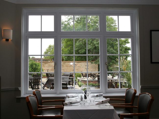 Timber casement windows in restaurant